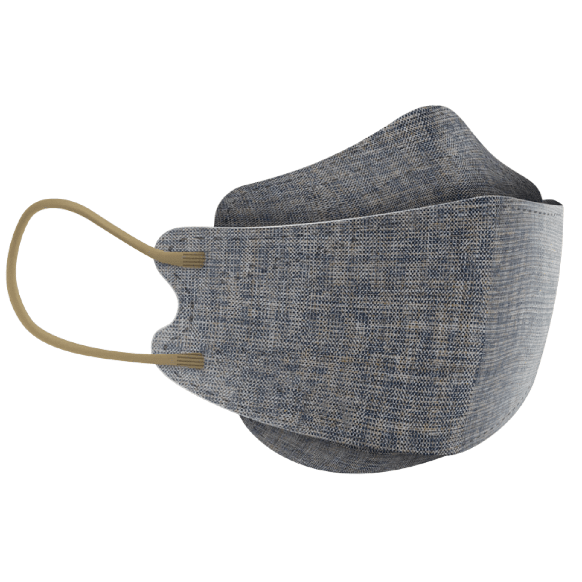 The Altruan designer face mask particle-filtering (FFP2 standard) is shown in blue with a three-dimensional design. It features two beige ear loops and visible seams, embodying a fashionable design while complying with the FFP2 standard for effective protection. The woven fabric enhances durability and comfort.