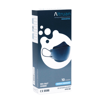 A pack of Altruan designer face mask particle-filtering masks that meet the FFP2 standards and feature an elegant design. The packaging is dark blue with a white bubble pattern and includes an image of the mask. It contains 10 masks, complete with certification and standard details.