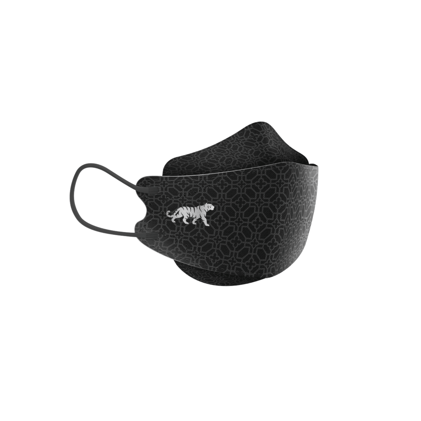 The Altruan designer face mask particle-filtering (FFP2 standard) in black impresses with a simple geometric pattern with an embroidered white tiger on the side. This mask offers ear loops and an ergonomic fit for added comfort and is available in a pack of 10 masks.
