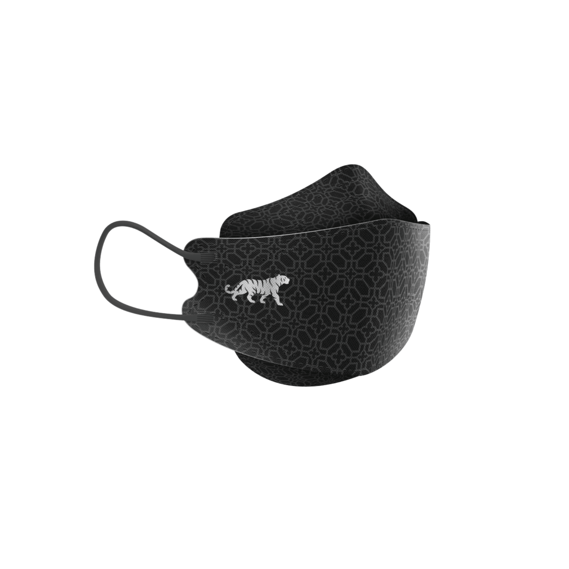 The Altruan designer face mask particle-filtering (FFP2 standard) in black impresses with a simple geometric pattern with an embroidered white tiger on the side. This mask offers ear loops and an ergonomic fit for added comfort and is available in a pack of 10 masks.