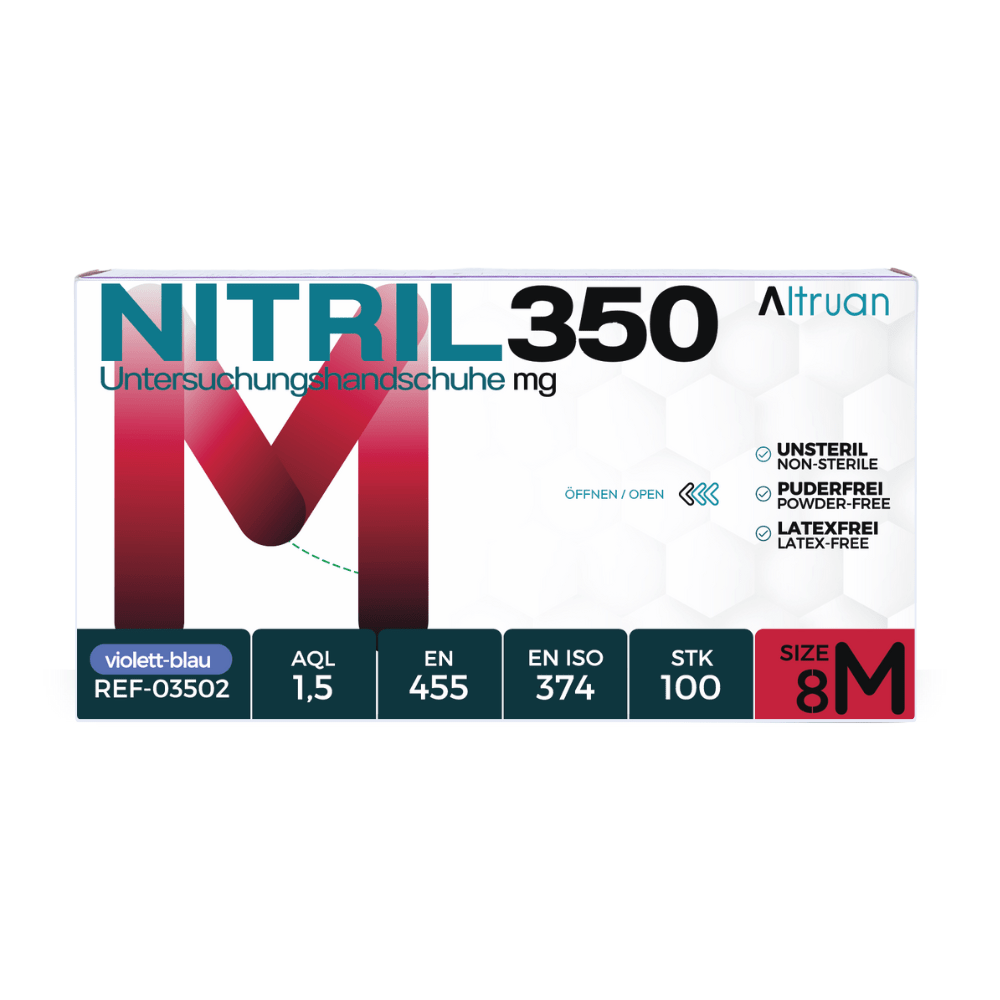 A box of medium-sized, violet-blue examination gloves made of nitrile, type Altruan NITRIL350, with outstanding features such as powder-free, latex-free, and compliance with EN ISO standards.