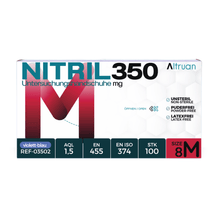 A box of medium-sized, violet-blue examination gloves made of nitrile, type Altruan NITRIL350, with outstanding features such as powder-free, latex-free, and compliance with EN ISO standards.