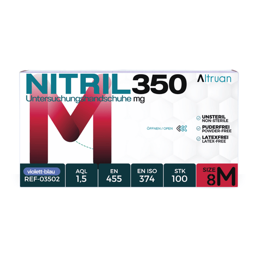 A box of medium-sized, violet-blue examination gloves made of nitrile, type Altruan NITRIL350, with outstanding features such as powder-free, latex-free, and compliance with EN ISO standards.