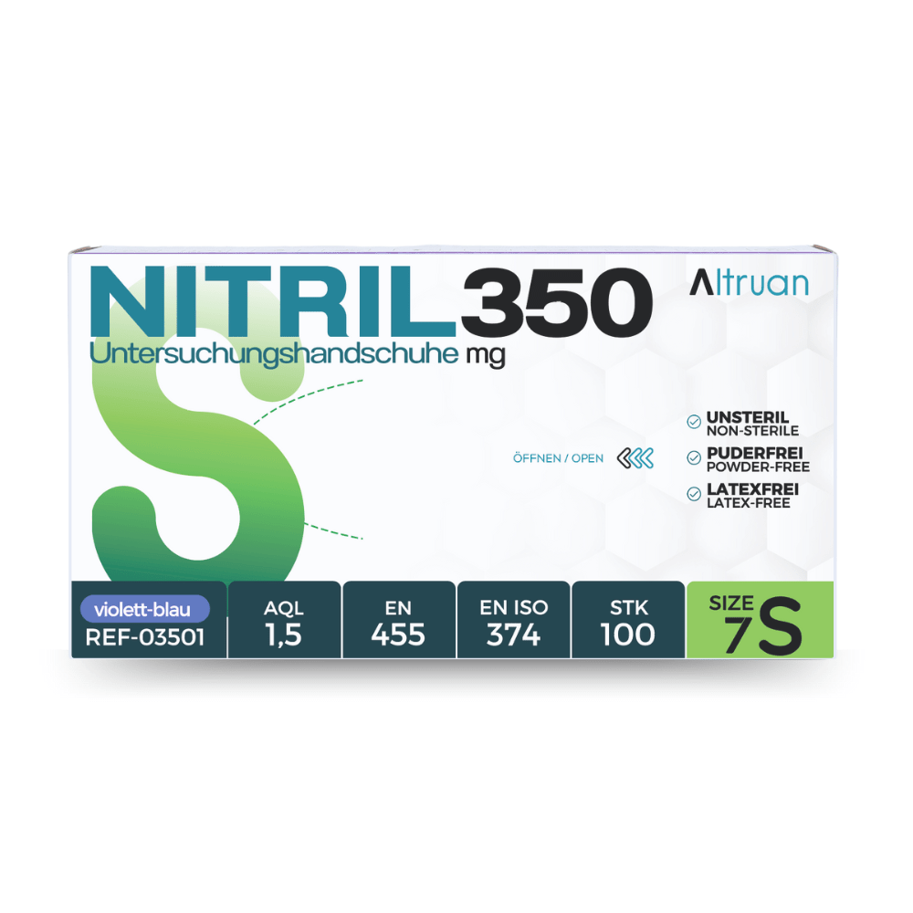 A box of Altruan NITRIL350 examination gloves made of nitrile in small violet-blue size. The packaging highlights features such as powder-free, non-sterile, latex-free, and certifications.