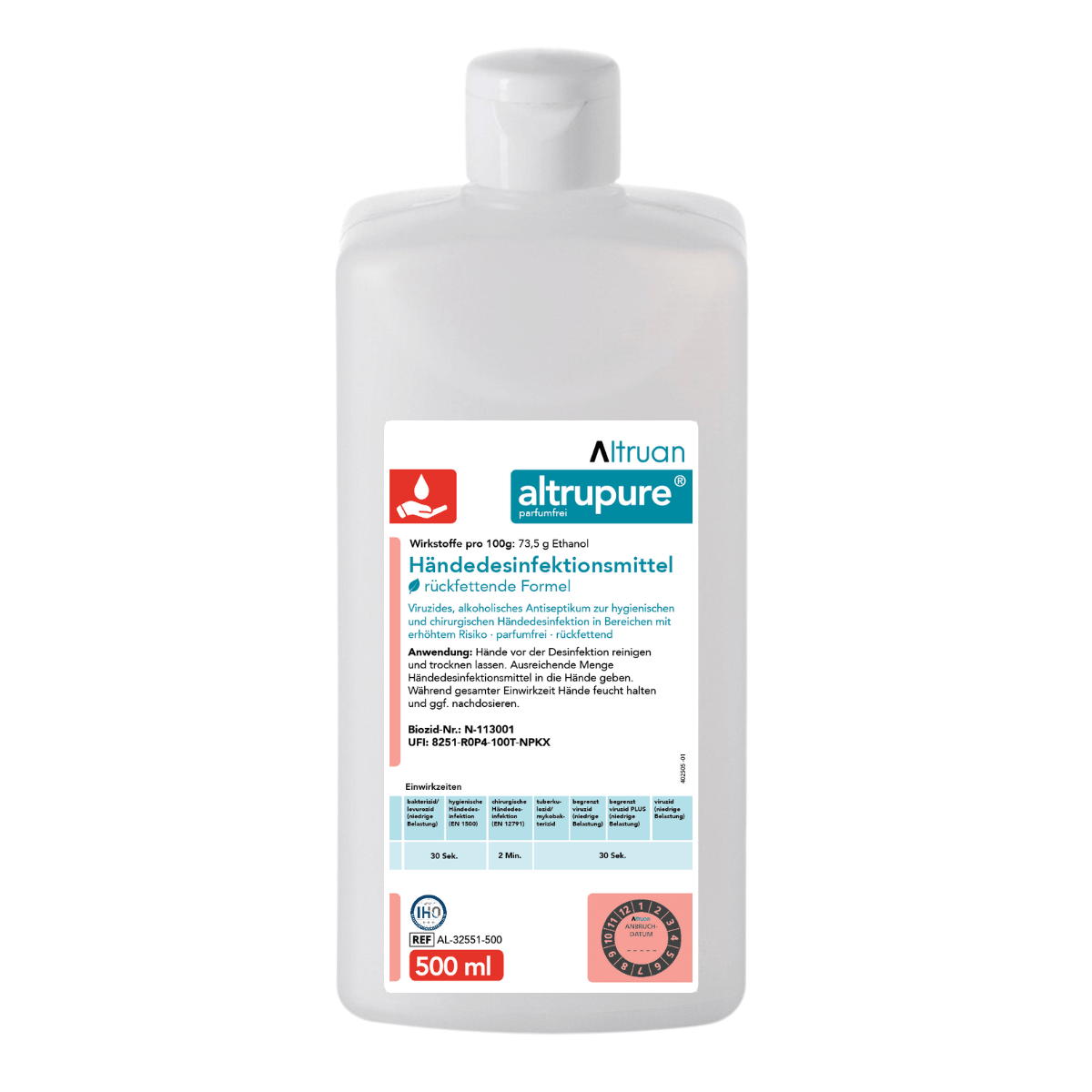A 500 ml bottle of Altrupure® hand sanitizer from Altruan. The white bottle has a blue and white label with red and black text containing the product information in German. A red symbol indicates bacterial effectiveness, making it suitable for hygienic and surgical hand disinfection. Additionally, various certification stamps are visible.