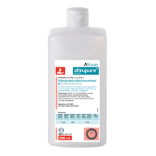 A 500 ml bottle of Altrupure® hand sanitizer from Altruan. The white bottle has a blue and white label with red and black text containing the product information in German. A red symbol indicates bacterial effectiveness, making it suitable for hygienic and surgical hand disinfection. Additionally, various certification stamps are visible.
