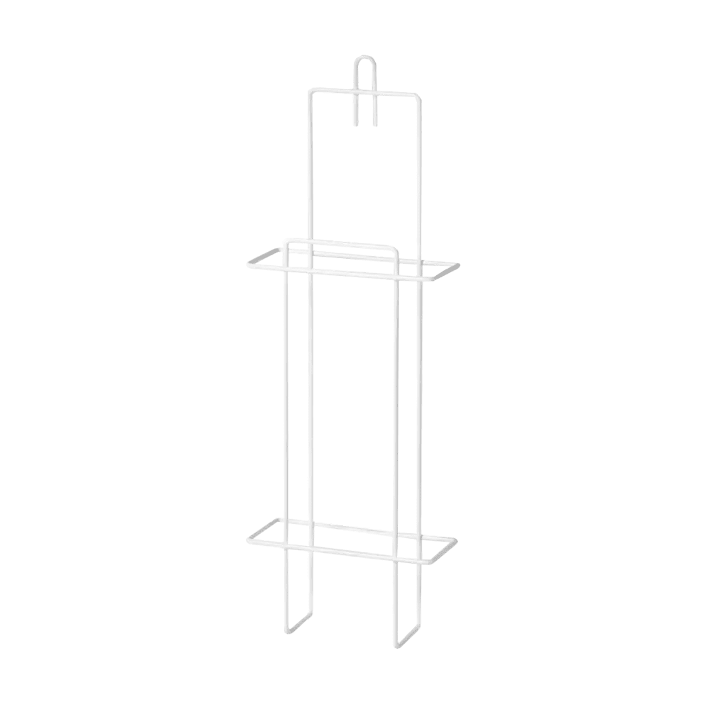 The AMPri TOP-COMFORT holder for hygiene bags from AMPri Handelsgesellschaft mbH is an elegant, minimalist, white wall holder made of wire with a rectangular frame and two horizontal shelves. It features a hook at the top for easy mounting. Its elegant design is complemented by the durable, PVC-coated wire, which enhances both style and utility.