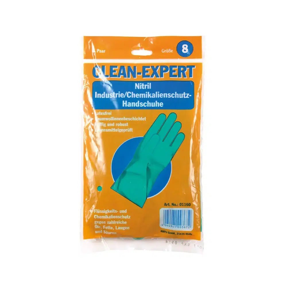 Packaging of the nitrile chemical glove "Clean-Expert" in size 8 from AMPri Handelsgesellschaft mbH. The orange packaging contains a German text and in the middle the image of a single green glove. The brand name is clearly visible at the top and highlights these industrial gloves for their excellent chemical protection.