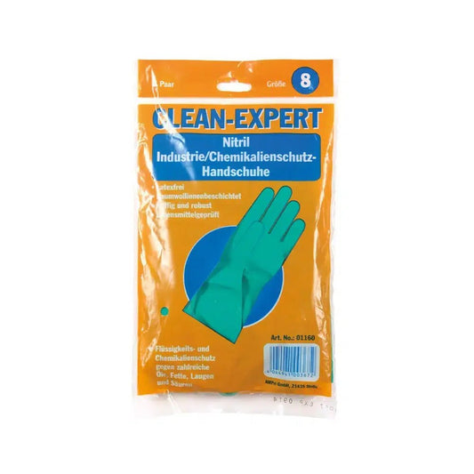 Packaging of the nitrile chemical glove "Clean-Expert" in size 8 from AMPri Handelsgesellschaft mbH. The orange packaging contains a German text and in the middle the image of a single green glove. The brand name is clearly visible at the top and highlights these industrial gloves for their excellent chemical protection.