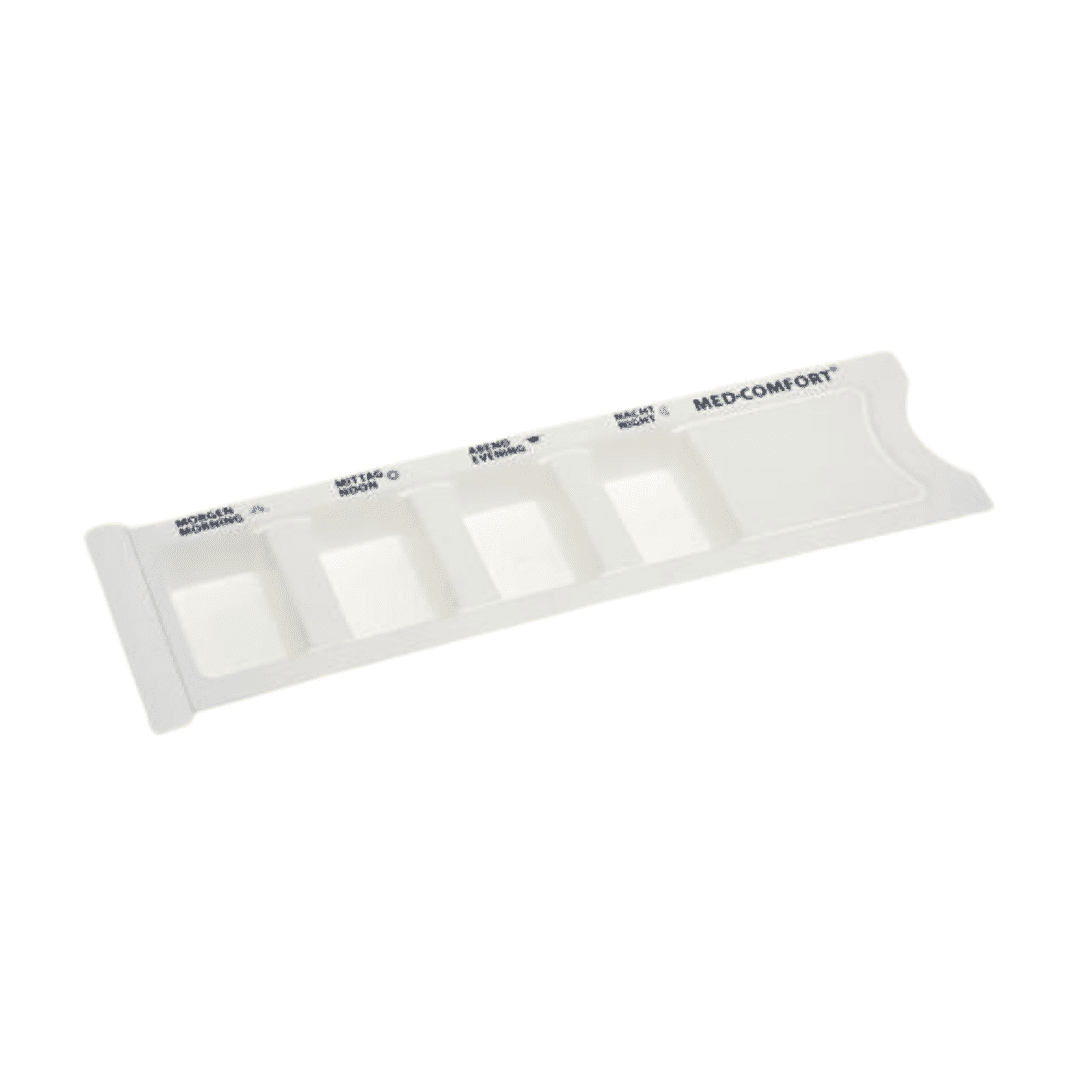 A white AMPri medication dispenser from AMPri Handelsgesellschaft mbH with five compartments labeled "MOULDING MATERIAL", "MED. 216 E", "WITH E. P." and "REF. M 416 E" for holding various materials or colors. This practical disposable product is designed for the efficient organization and dispensing of medications.