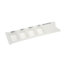 A white AMPri medication dispenser from AMPri Handelsgesellschaft mbH with five compartments labeled "MOULDING MATERIAL", "MED. 216 E", "WITH E. P." and "REF. M 416 E" for holding various materials or colors. This practical disposable product is designed for the efficient organization and dispensing of medications.