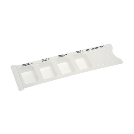 A white AMPri medication dispenser from AMPri Handelsgesellschaft mbH with five compartments labeled "MOULDING MATERIAL", "MED. 216 E", "WITH E. P." and "REF. M 416 E" for holding various materials or colors. This practical disposable product is designed for the efficient organization and dispensing of medications.
