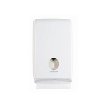 The Aquarius™ Slimfold™ dispenser for folded towels by Kimberly-Clark GmbH is a white, wall-mounted towel dispenser with a round opening, from which a towel can be individually removed from the bottom - perfect for modern spaces.