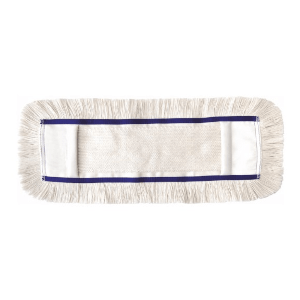 The Arcora First Mop Blue from Arcora International GmbH is a rectangular mop head with white fringe edges, a fabric center, and a thin blue edge, perfect for maintenance cleaning of various floor coverings. Pictured here against a white background.