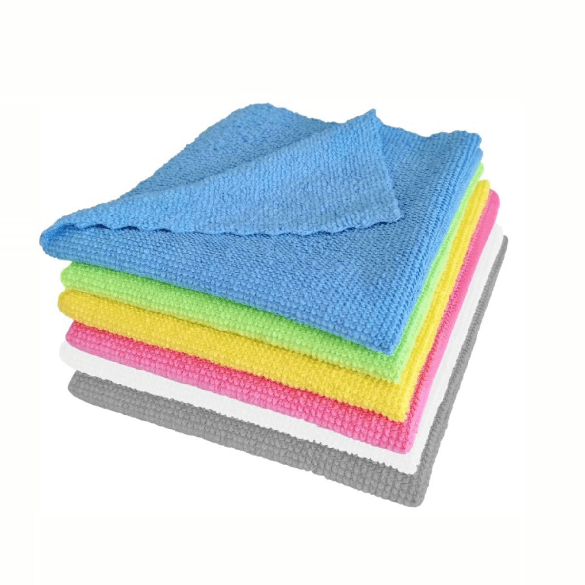 A stack of Arcora microfiber cloths ECO-LINE 2in1 in blue, green, yellow, pink, white, and gray from Arcora International GmbH is neatly arranged for surface disinfection. The textured blue cloth is on top of the stack, ensuring cleanliness and efficiency with every wipe.