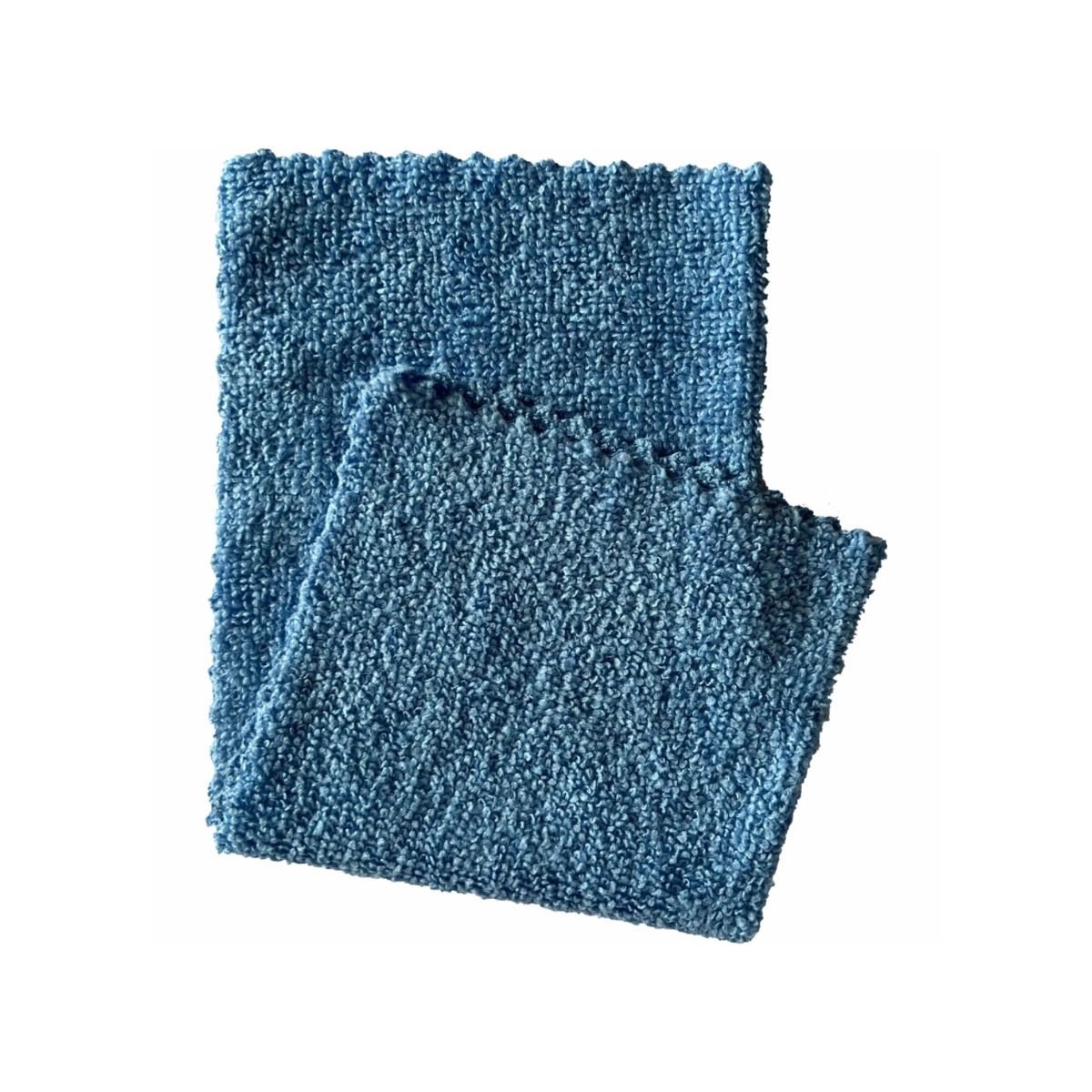 Two overlapping blue knitted dish towels with scalloped edges, one slightly larger than the other, lie on a white background and resemble the microfiber cloth ECO-LINE 2in1 from Arcora International GmbH.