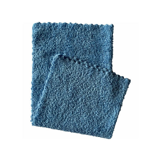 Two overlapping blue knitted dish towels with scalloped edges, one slightly larger than the other, lie on a white background and resemble the microfiber cloth ECO-LINE 2in1 from Arcora International GmbH.