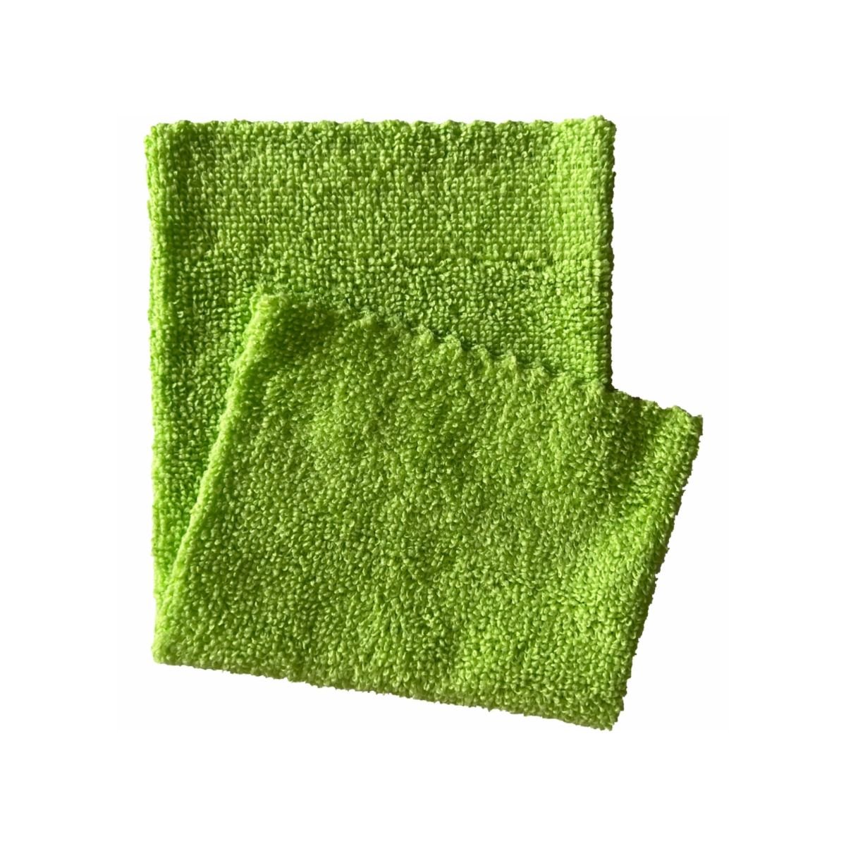 Two lime green Arcora microfiber cloths ECO-LINE from Arcora International GmbH with a soft, textured surface and slightly irregular edges lie flat and partially overlapping. They are perfect for effective surface disinfection in various environments.
