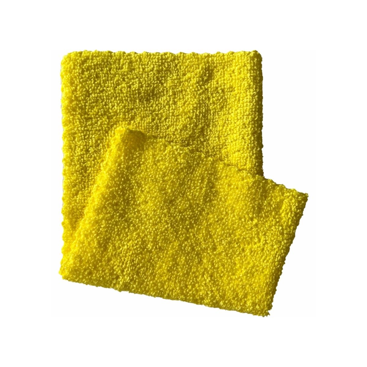 Two bright yellow Arcora microfiber cloths ECO-LINE 2in1, ideal for surface disinfection in healthcare, lie on a white background. One is partially folded over the other to optimally showcase the fluffy texture and vibrant color.