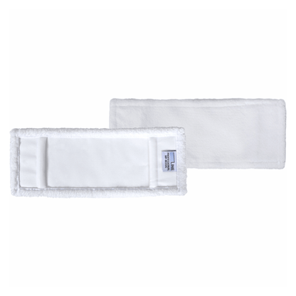 Two rectangular, white Arcora Professional Mf cover pads from Arcora International GmbH lay flat – one facing up to reveal the label and seams, the other facing down to show the smooth surface – ideal for regular cleaning (maintenance cleaning).