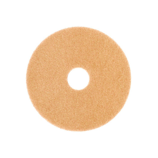 The Arcora Superpad Beige from Arcora International GmbH is a circular floor pad with a center hole, ideal for dry polishing and maintenance cleaning of sensitive floors up to 400 RPM, depicted on a white background.