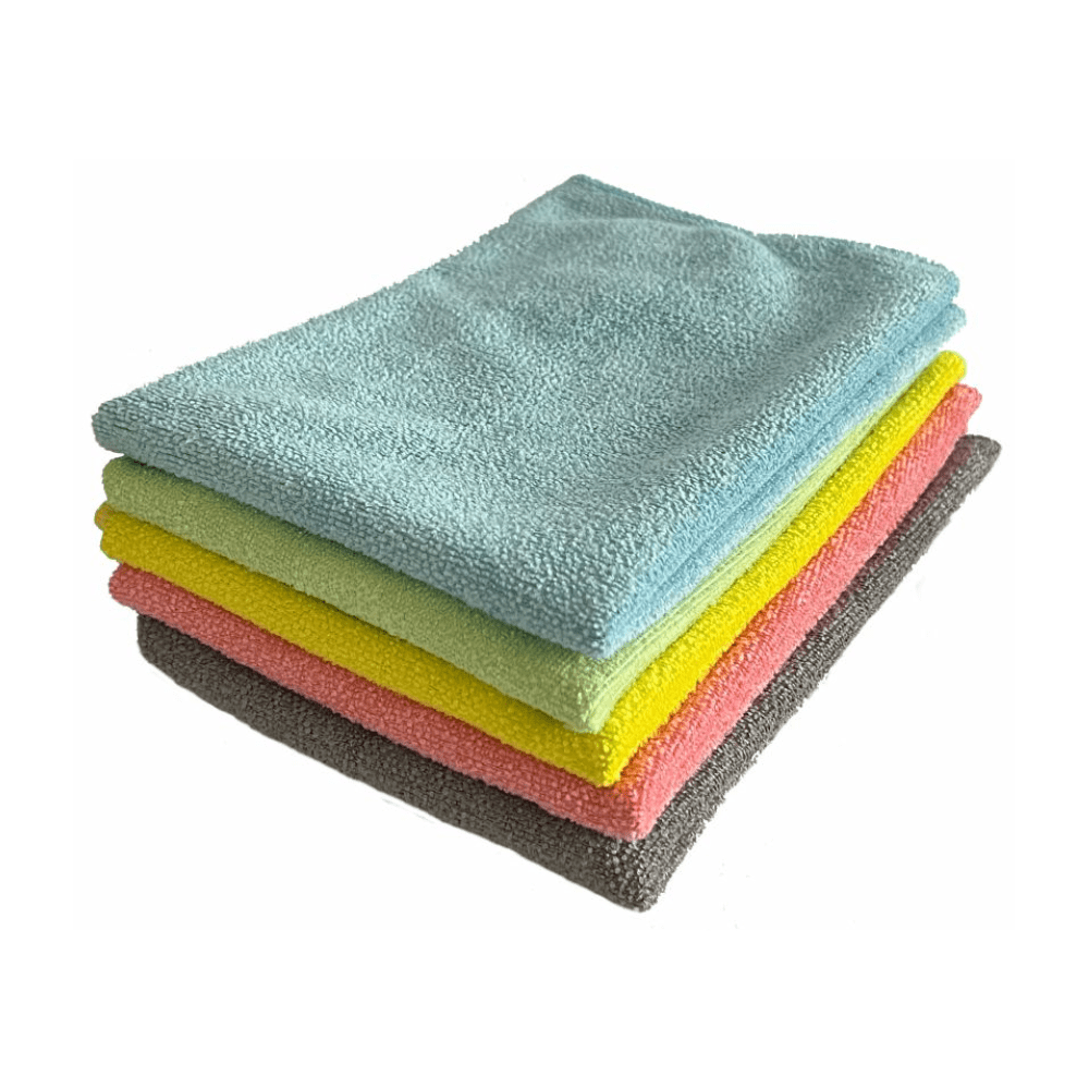 A stack of Arcora TOP-LINE microfiber cloths from Arcora International GmbH, made in bright blue, yellow, green, pink, and gray cleaning cloths. These 40 x 40 cm cloths are perfect for delicate surfaces and meet all cleaning requirements.
