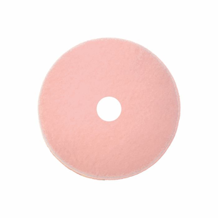 The Arcora Ultra-High-Speed Pad Champagne from Arcora International GmbH is a round, flat, pink cleaning pad with a central hole and smooth texture, designed for the use of floor care Ultra-High-Speed pads and is depicted on a plain white background.
