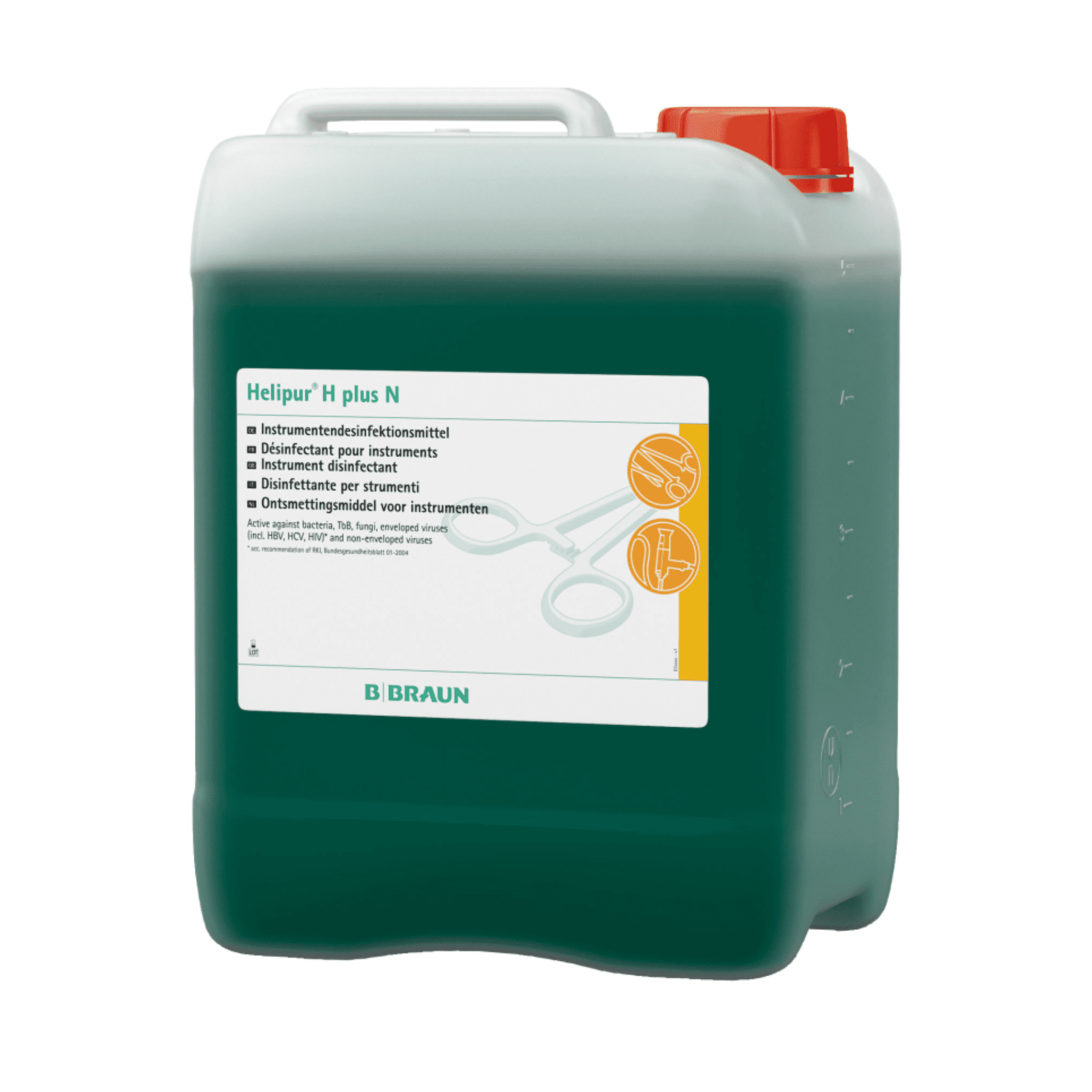 A large, rectangular plastic container with a handle and a red lid contains a green liquid. The label reads “B. Braun Helipur® H plus N Instrument Disinfection - 5 Liters | Canister (5 l)” and shows medical instruments. At the bottom edge, the brand “B. Braun Deutschland GmbH & Co. KG” is visible.