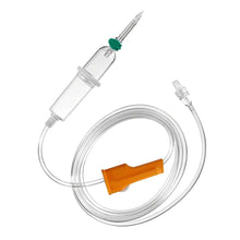 We present the B. Braun Intrafix® Primeline infusion set from B. Braun Deutschland GmbH & Co. KG, an intravenous (IV) infusion set with bacterial filter ventilation and a transparent tube with spike chamber for fluid delivery. It features an orange flow regulator, which is essential for pressure infusions, and ends with a Luer-lock connection, ensuring efficiency and reliability with every use.