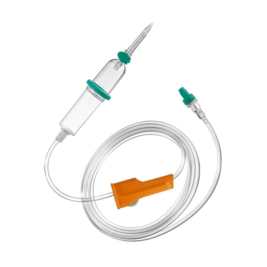 The B. Braun Intrafix® SafeSet Infusion Set from B. Braun Deutschland GmbH & Co. KG is an intravenous (IV) administration set that includes a clear drip chamber, a needle, and a long, flexible tubing with an orange roller clamp for precise flow control. This set also features an AirStop filter membrane and a green connection port suitable for both pressure-driven and gravity-fed infusions.