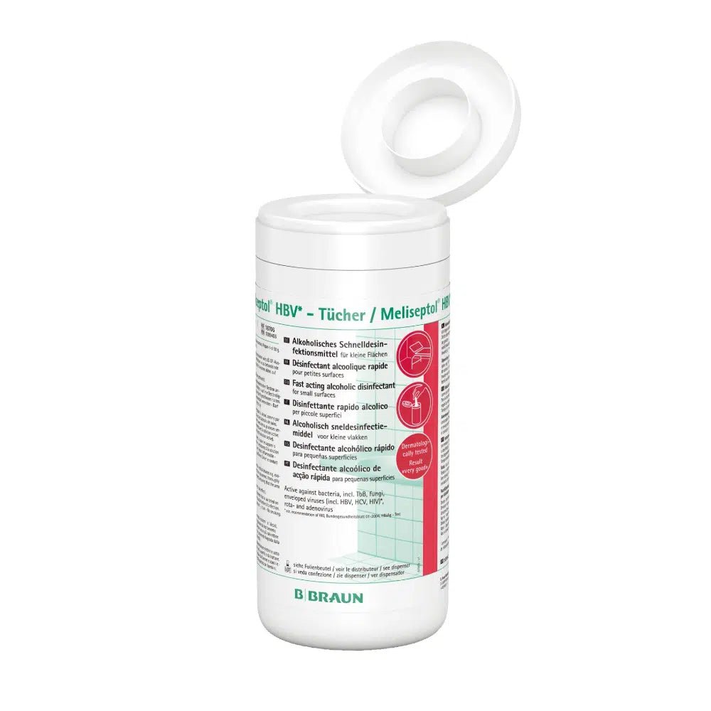 On a white, cylindrical container with a partially open lid, there is a label in green-black text with detailed features and instructions for the B. Braun Meliseptol® HBV Wipes, which are alcohol-based disinfectant wipes from B. Braun Deutschland GmbH & Co. KG.