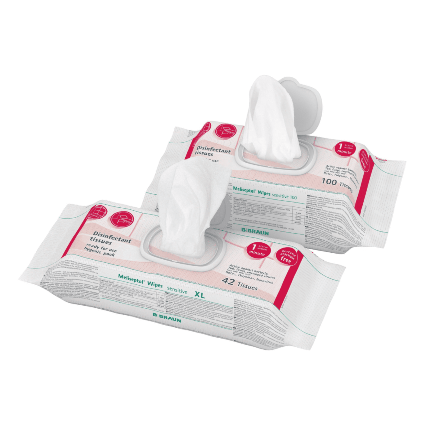 Two packs of B. Braun Meliseptol® Wipes sensitive disinfectant wipes are issued. The first pack, offered by B. Braun Deutschland GmbH & Co. KG, contains 100 wipes and the second pack, labeled as XL, has 42 wipes. Both packs are white and printed with text and logos. Perfect for quick disinfection, each pack has a partially pulled-out wipe for easy access.