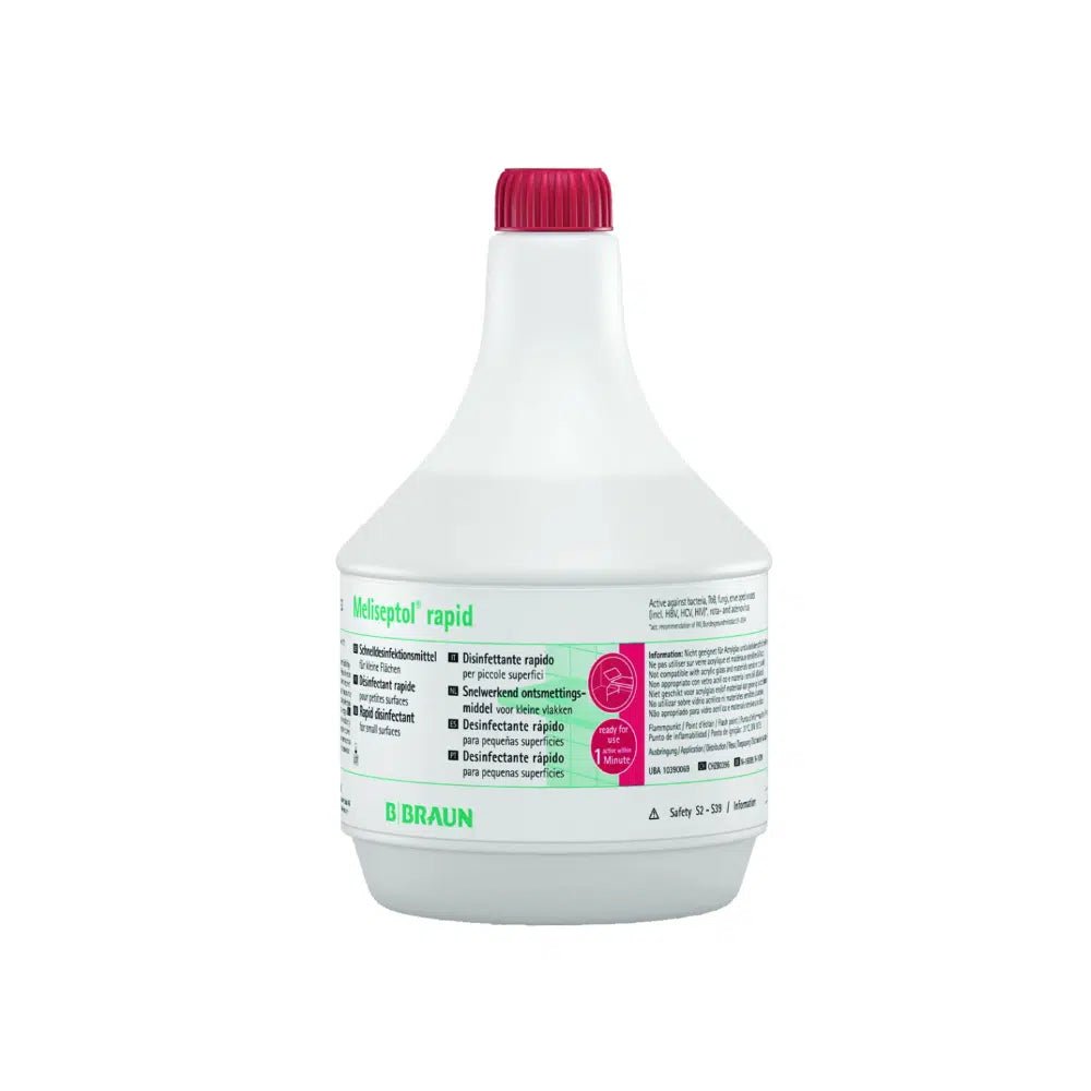 A white plastic bottle with a red cap and the inscription “B. Braun Meliseptol® rapid quick disinfection” from B. Braun Deutschland GmbH & Co. KG. The label with multiple languages and safety symbols indicates that it is designed for quick and efficient surface disinfection.