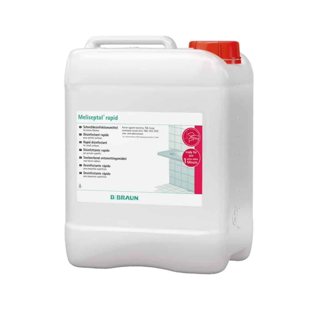 A large white container with a red cap and the inscription “B. Braun Meliseptol® rapid quick disinfection” from B. Braun Deutschland GmbH & Co. KG serves effective quick disinfection. The label contains multilingual text and a diagram illustrating its use as a disinfectant for various surfaces.
