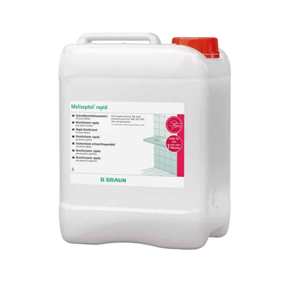 A large white container with a red cap and the inscription “B. Braun Meliseptol® rapid quick disinfection” from B. Braun Deutschland GmbH & Co. KG serves effective quick disinfection. The label contains multilingual text and a diagram illustrating its use as a disinfectant for various surfaces.