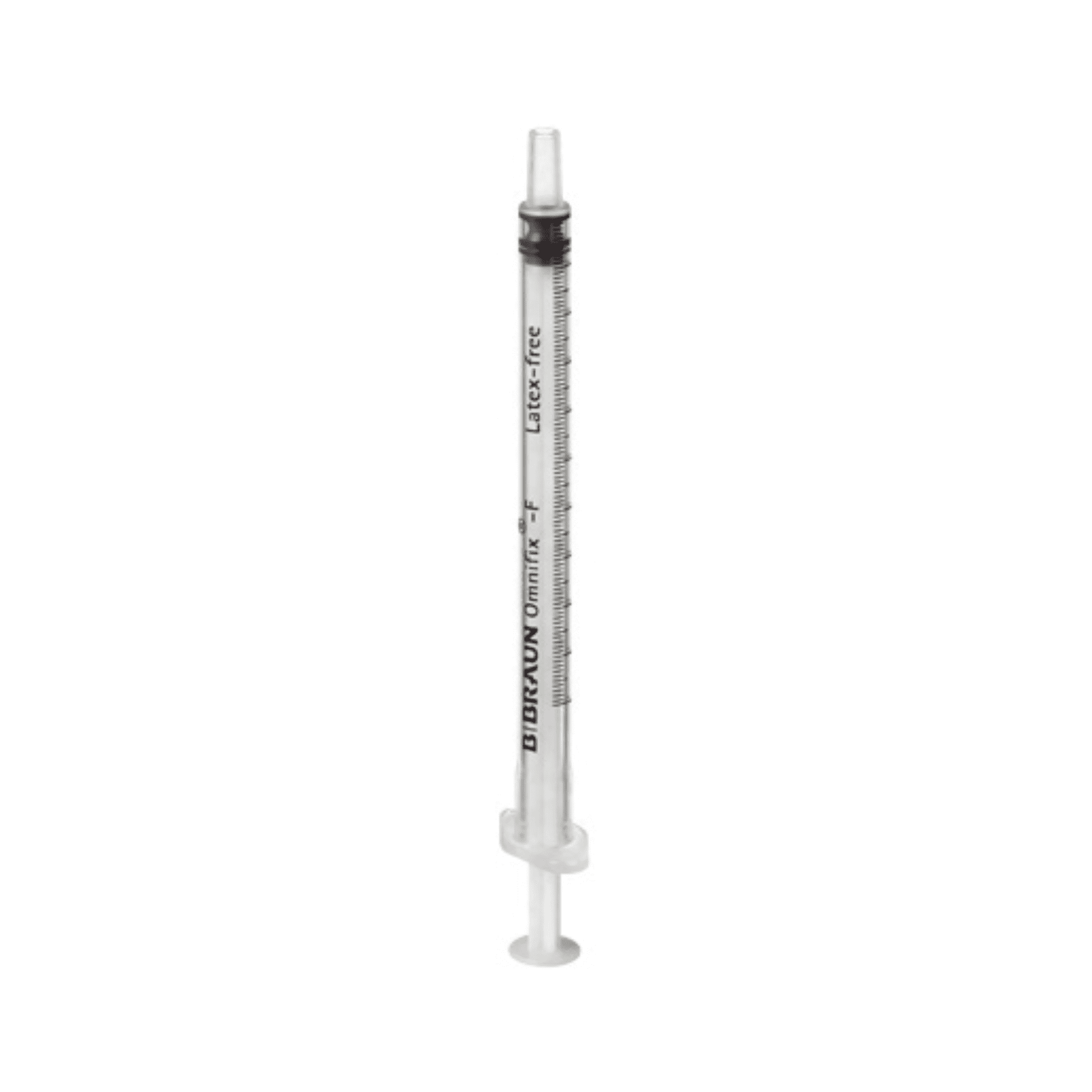 A single, transparent B. Braun Omnifix®-F fine dosing syringe with a black rubber stopper and measurement markings on the side. The polypropylene syringe barrel stands upright against a white background.