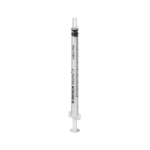A single, transparent B. Braun Omnifix®-F fine dosing syringe with a black rubber stopper and measurement markings on the side. The polypropylene syringe barrel stands upright against a white background.