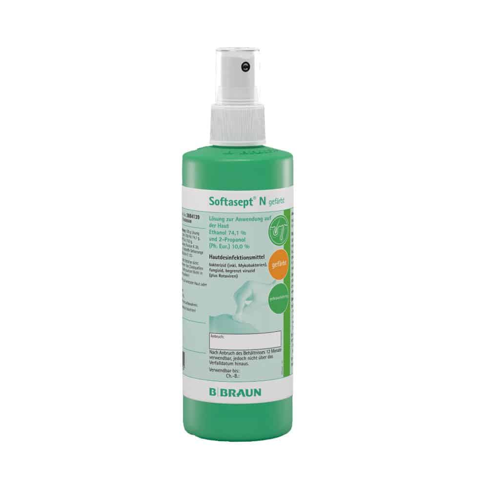 A bottle of B. Braun Softasept® N skin disinfectant, colored by B. Braun Deutschland GmbH & Co. KG, is a green virucidal disinfectant spray for effective skin disinfection. The bottle includes a spray nozzle and labels with text and symbols in multiple languages.