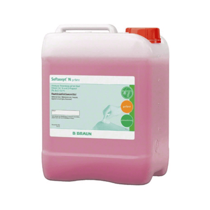 A 5-liter container of B. Braun Softasept® N skin disinfectant, colored, a liquid hand disinfectant known for its virucidal and bactericidal properties. With a red cap and pink liquid, it is labeled with product information and the branding of B. Braun Deutschland GmbH & Co. KG, making it ideal for effective skin disinfection.