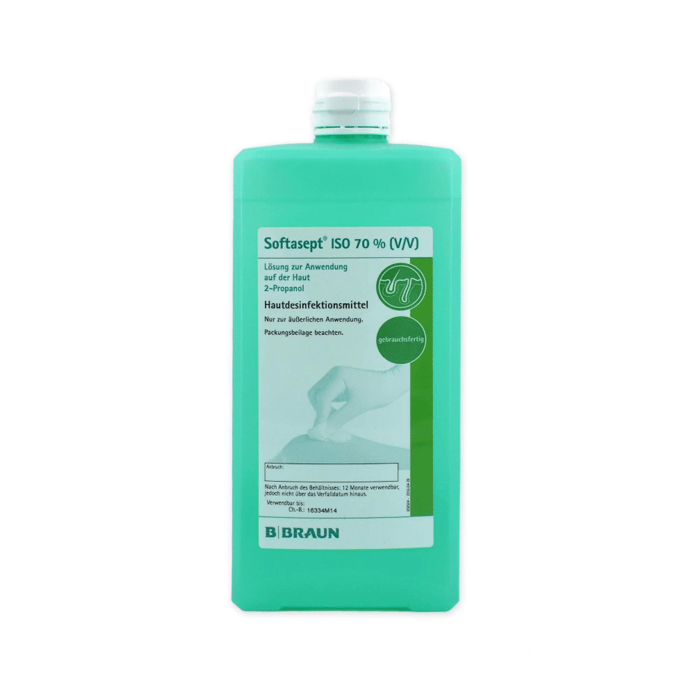 A green bottle B. Braun Softasept ISO 70% Skin Disinfection, labeled as a hand disinfectant. The label contains instructions for use and safety instructions. The bottle has a white cap and bears the brand name B. Braun Deutschland GmbH & Co. KG at the bottom, known for its effectiveness against bacteria.