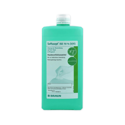 A green bottle B. Braun Softasept ISO 70% Skin Disinfection, labeled as a hand disinfectant. The label contains instructions for use and safety instructions. The bottle has a white cap and bears the brand name B. Braun Deutschland GmbH & Co. KG at the bottom, known for its effectiveness against bacteria.