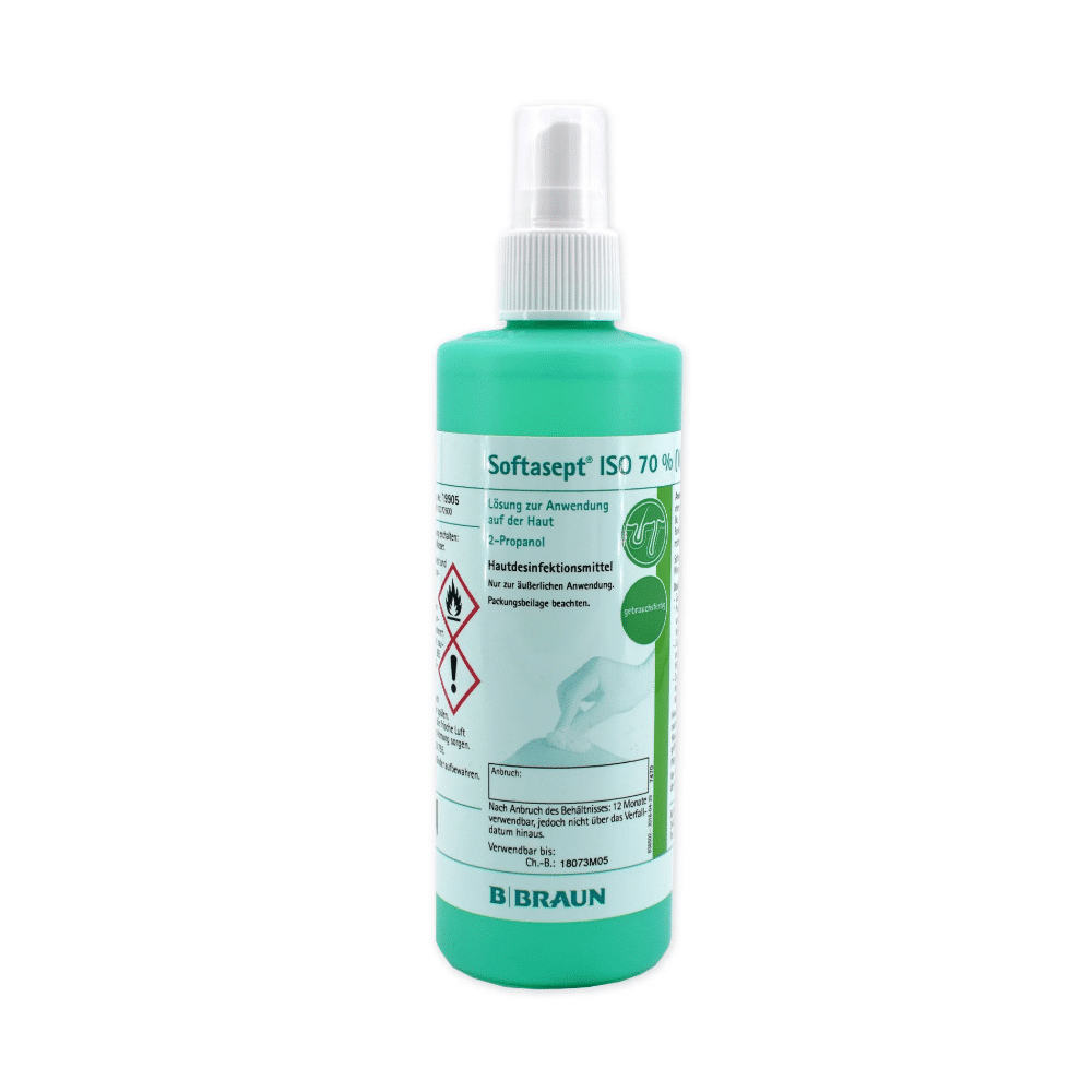A green bottle labeled "B. Braun Softasept ISO 70% Skin Disinfection," equipped with a spray nozzle and intended for skin disinfection, contains an alcoholic disinfectant effective against bacteria. The label includes various symbols and safety instructions, with the brand name "B. Braun Deutschland GmbH & Co. KG" noted at the bottom.