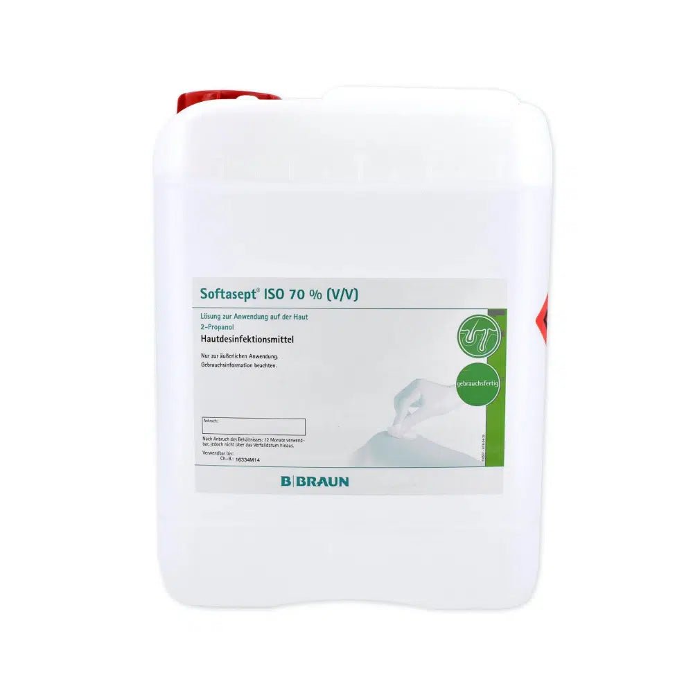 A white plastic container with the label "B. Braun Softasept ISO 70% Skin Disinfection" and a red cap is visible. The label identifies the product as an alcoholic skin disinfectant from B. Braun Deutschland GmbH & Co. KG, effective against bacteria. A green round symbol and text are also visible, emphasizing the purpose of skin disinfection.