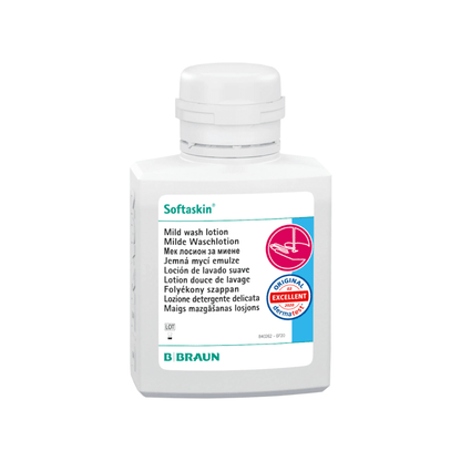 On a white bottle, it says "B. Braun Softaskin® Wash Lotion" and a multilingual text describes the lotion as a mild, environmentally friendly wash lotion. A quality seal is prominently placed on the bottle, and the name "B. Braun Deutschland GmbH & Co. KG" is printed on the bottom, guaranteeing that the lotion is free from microplastics.