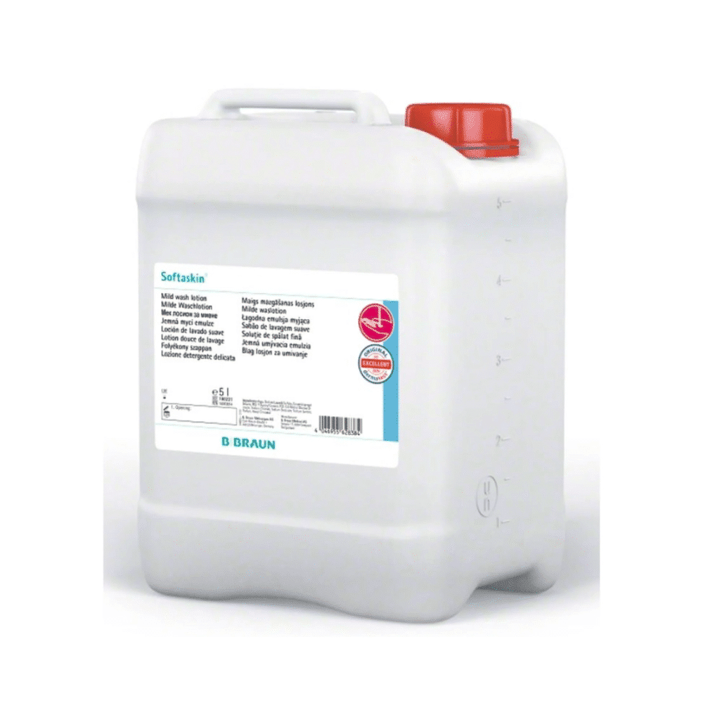 The B. Braun Softaskin® Wash Lotion comes in a white plastic container with a red lid and offers a generous capacity of 5 liters. It is environmentally friendly and free from microplastics and carries the logo of B. Braun Deutschland GmbH & Co. KG on the bottom. The label provides clear product information and application instructions.