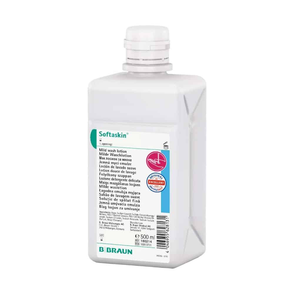 The white 500 ml bottle with the label "B. Braun Softaskin® Wash Lotion" from B. Braun Deutschland GmbH & Co. KG contains a mild wash lotion that is environmentally friendly and free from microplastics, adorned with a blue-white label with multilingual text.