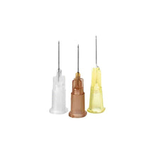 Three B. Braun Sterican® insulin needles, each with a differently colored plastic base – one clear, one brown, and one yellow – stand upright against a plain white background. These needles feature sterile cannulas for precise application and are compatible with standard Luer-Lock systems for safe insulin delivery.