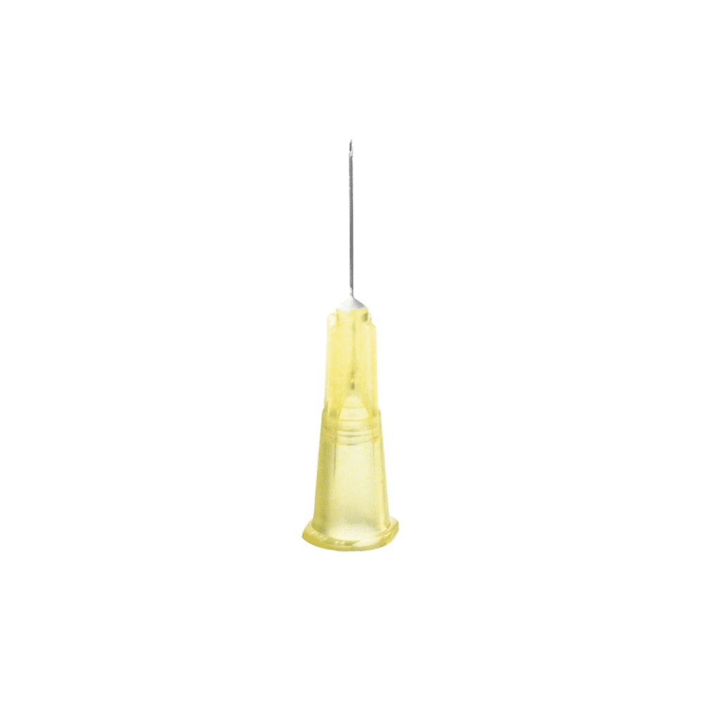 A single B. Braun Sterican® insulin cannula with a yellow plastic base, pointing upwards, against a white background.