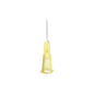 A single B. Braun Sterican® insulin cannula with a yellow plastic base, pointing upwards, against a white background.