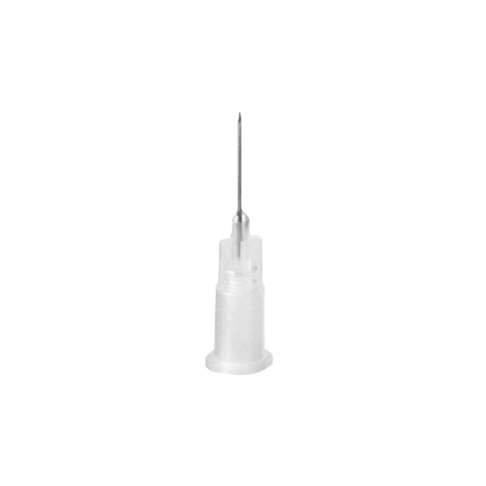 A close-up of the B. Braun Sterican® insulin cannula with a transparent plastic base and a thin metal tip for insulin injections against a plain white background.
